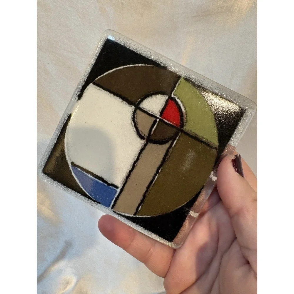 Frank Lloyd Wright Inspired Design Art Glass Signed Coasters Set 4